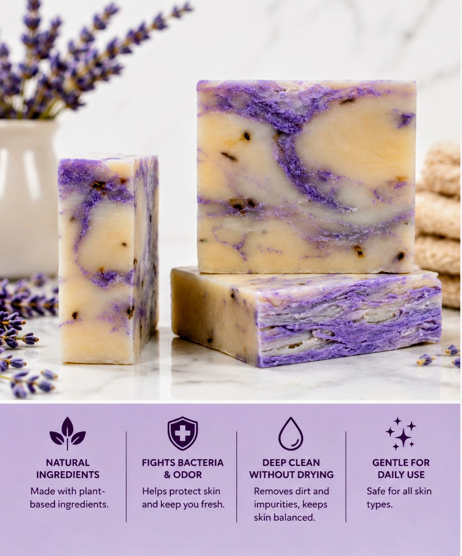 Lavender soap infographic - Natural Ingredients, Fights Bacteria, Deep Clean, Gentle Daily Use