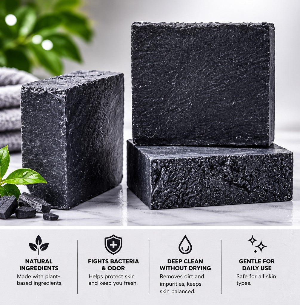 Charcoal soap infographic - Natural Ingredients, Fights Bacteria, Deep Clean, Gentle Daily Use