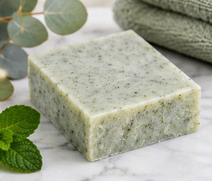 Spearmint eucalyptus soap bar on marble with mint leaves
