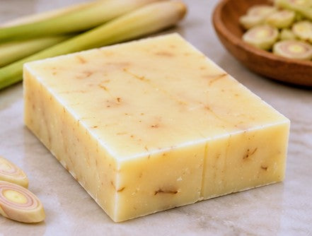 Lemongrass soap bar with fresh lemongrass stalks