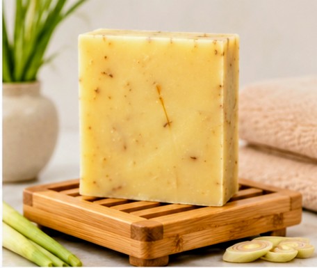 Lemongrass soap bar on bamboo dish with lemongrass stalks