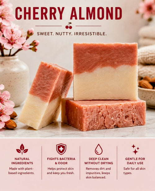 Cherry almond soap infographic - Sweet. Nutty. Irresistible.