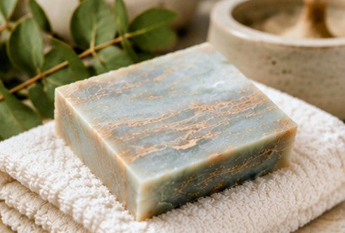 Angel soap bar on white towel with eucalyptus leaves