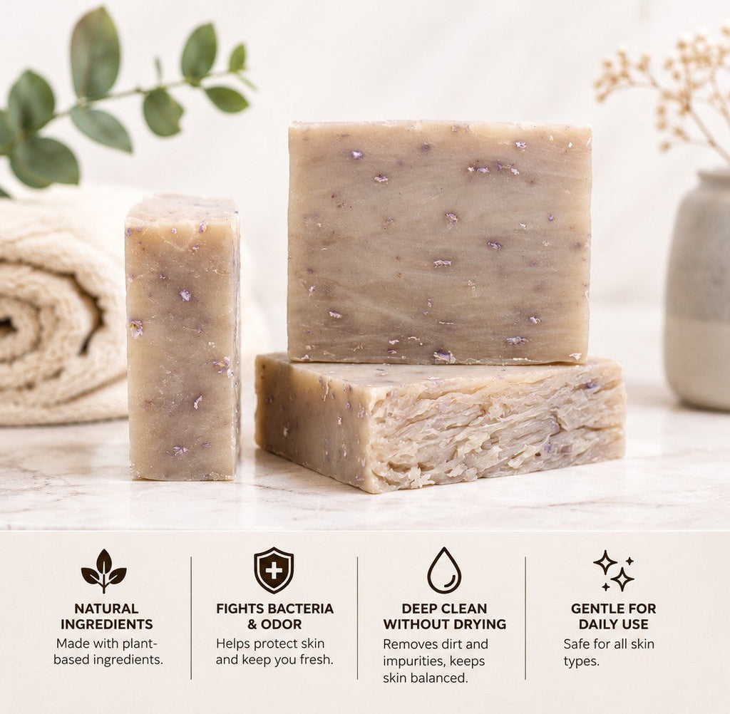 Patchouli sandalwood soap infographic - Natural Ingredients, Fights Bacteria, Deep Clean, Gentle Daily Use