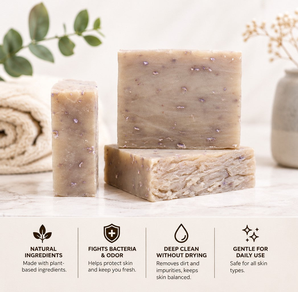 Patchouli sandalwood soap infographic - Natural Ingredients, Fights Bacteria, Deep Clean, Gentle Daily Use