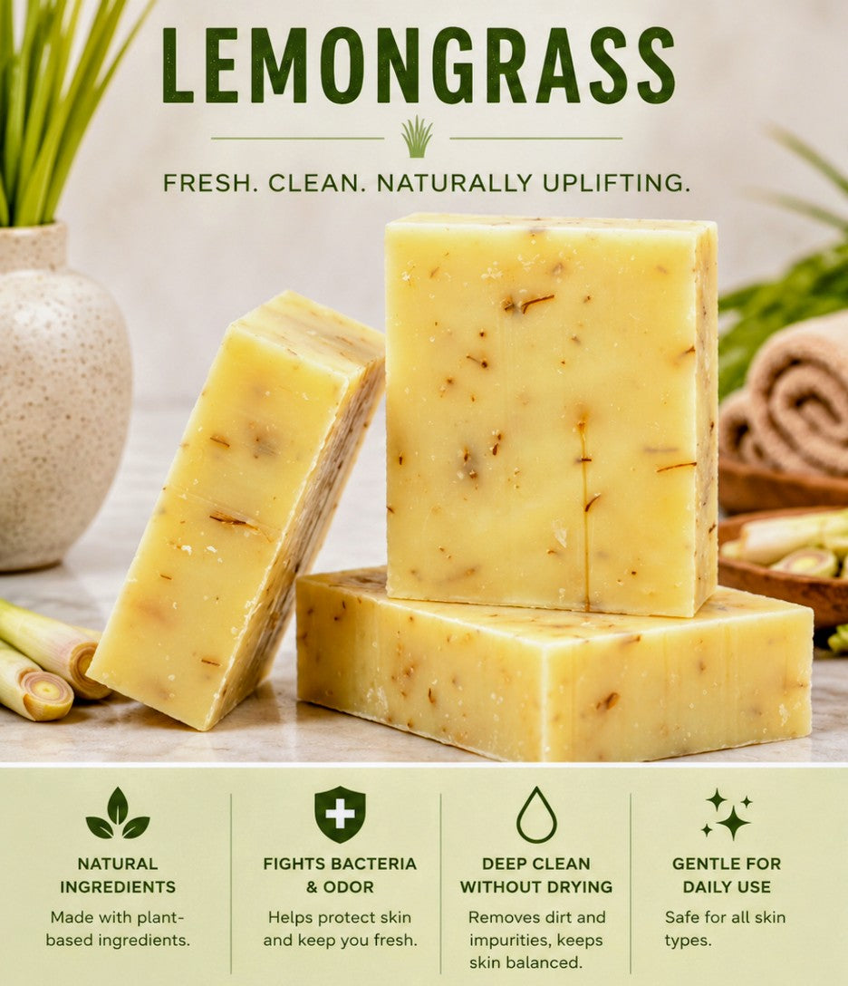 Lemongrass soap infographic - Fresh. Clean. Naturally Uplifting.