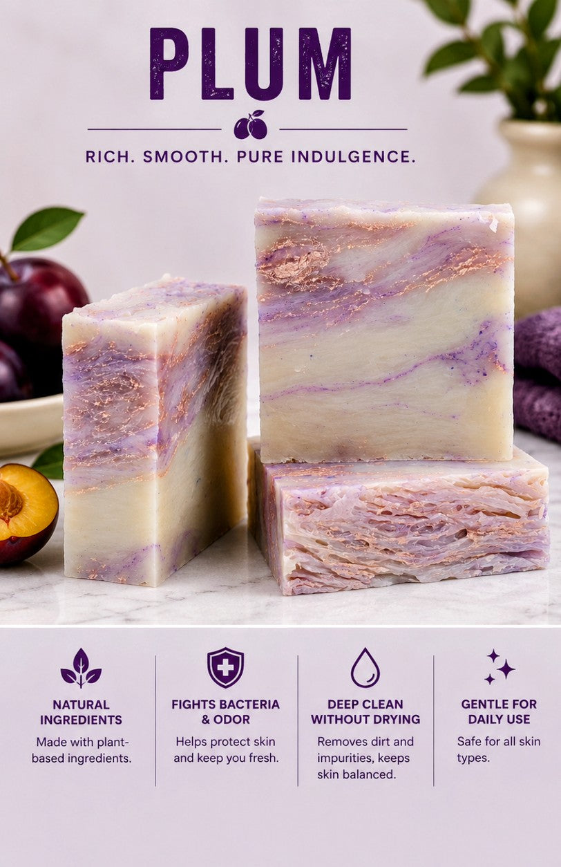 Plum soap infographic - Rich. Smooth. Pure Indulgence.