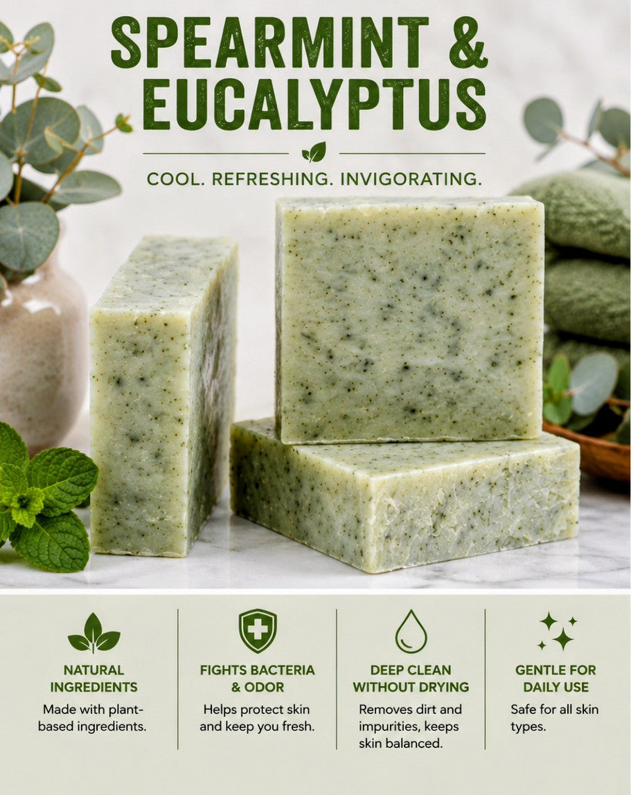 Spearmint and eucalyptus soap infographic - Cool. Refreshing. Invigorating.